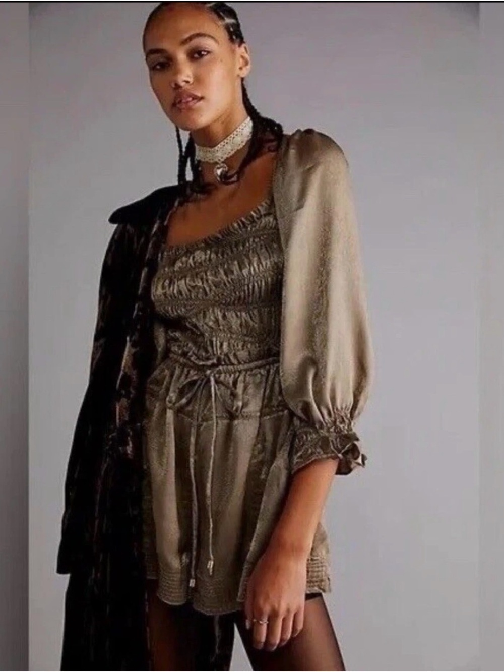 Free People Cassidy Satin Square Neck in Olive Army Greenish Romper- Size XS